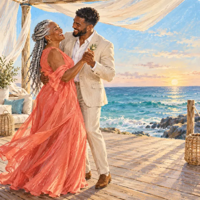 Ilustración pastel de un novio bailando con su mamá junto al mar