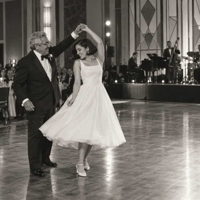 Fotografía en blanco y negro de una novia bailando con su papá en un salón