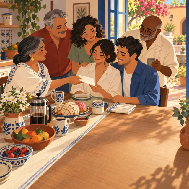 Ilustración editorial de los padres entregando una carta a los novios durante el desayuno