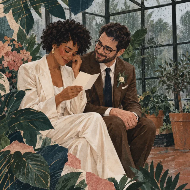 Collage editorial de unos novios leyendo sus votos en un invernadero bajo la lluvia