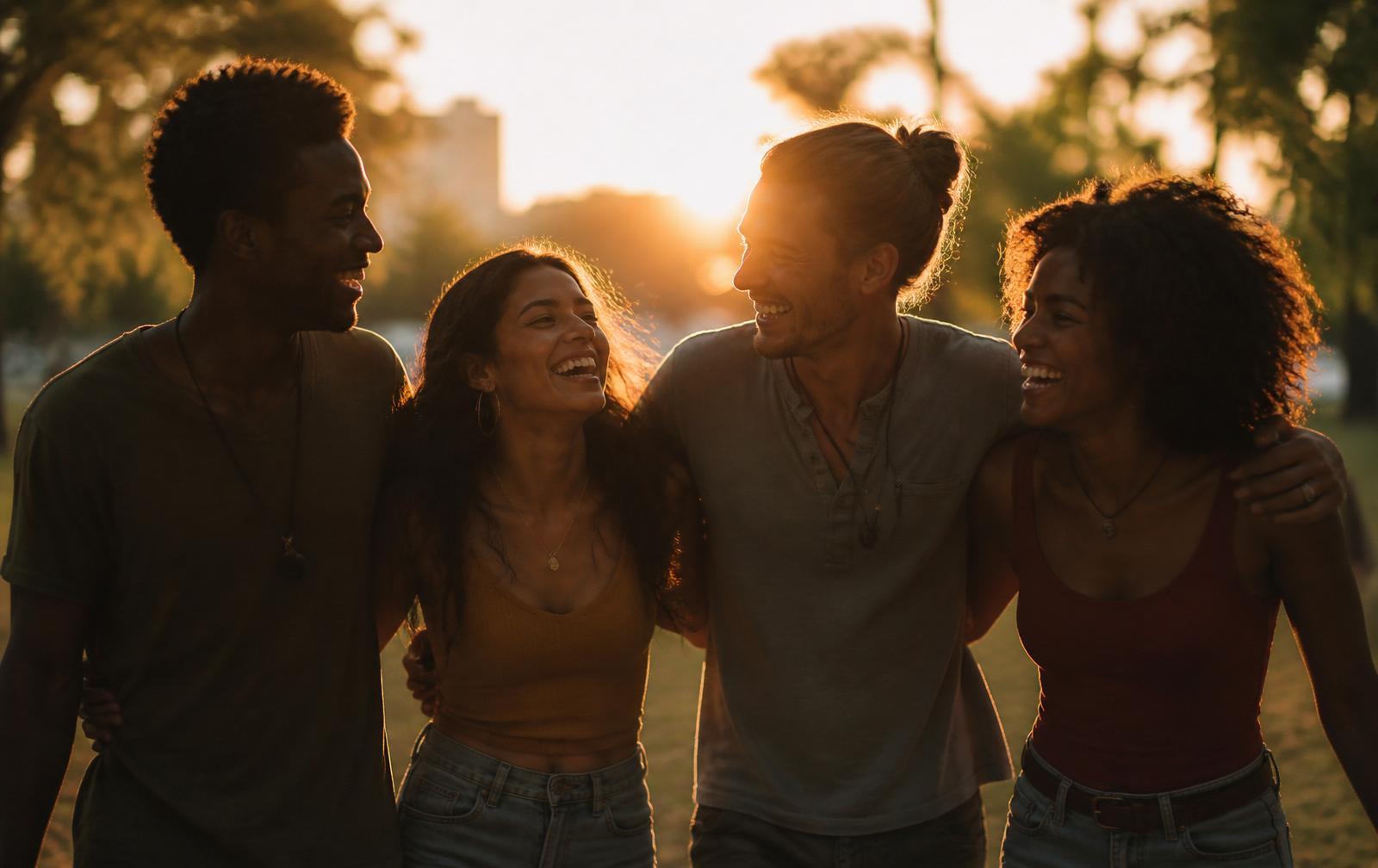 Cuatro amigos diversos abrazados riendo a contraluz durante el atardecer en un parque — canciones personalizadas de amistad, Lirika.