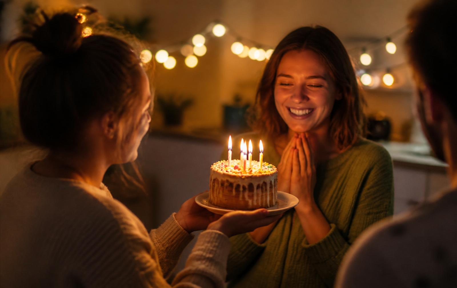 Amigas celebrando un cumpleaños con pastel y velas encendidas bajo luces cálidas — canciones personalizadas para cumpleaños, Lirika.