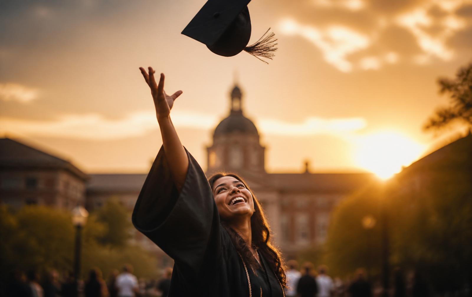 Graduada lanzando su birrete al aire con alegría al atardecer frente al campus — canciones personalizadas para graduación, Lirika.