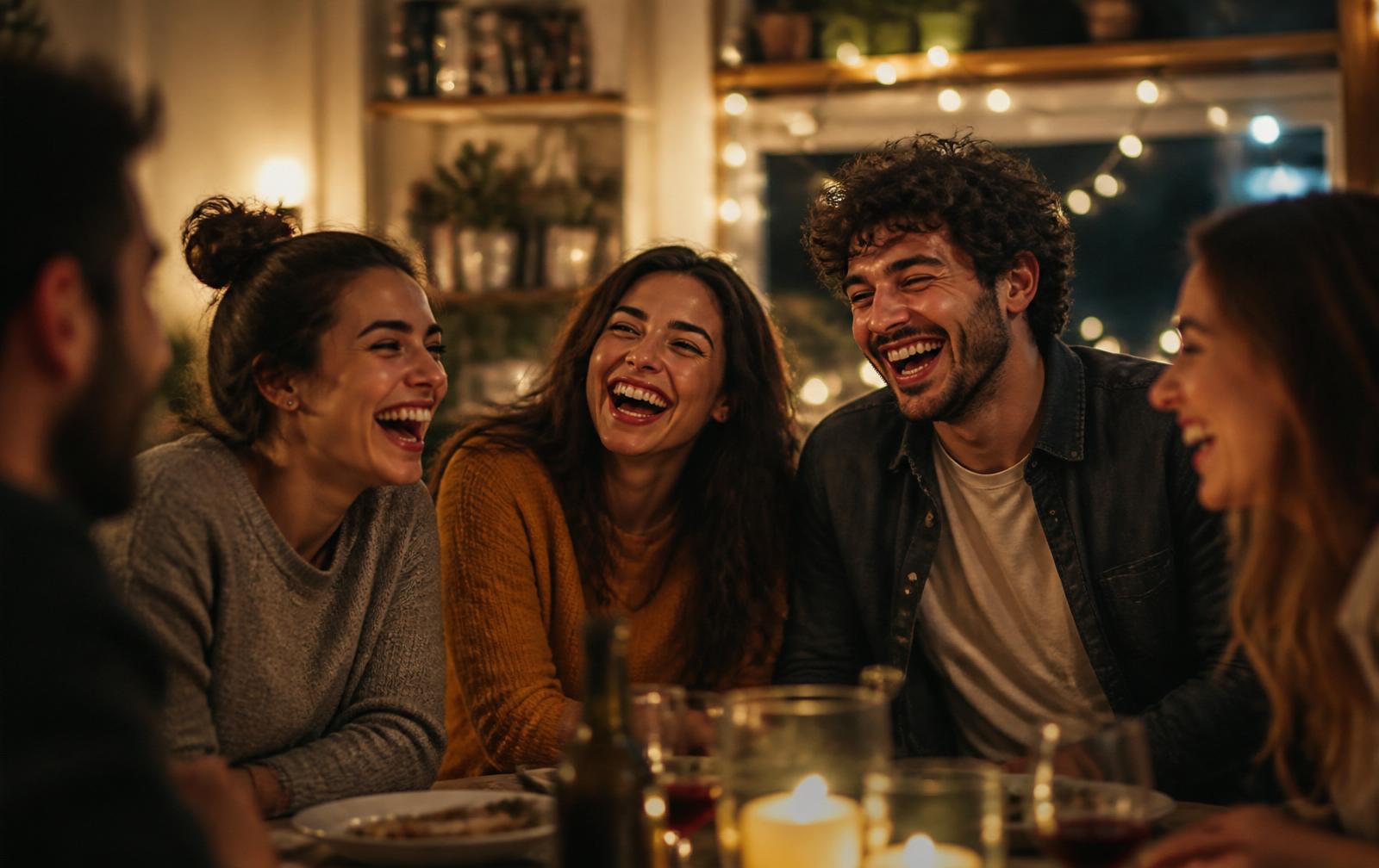 Grupo de amigos riendo a carcajadas alrededor de una mesa con luces cálidas — canciones personalizadas para momentos divertidos, Lirika.