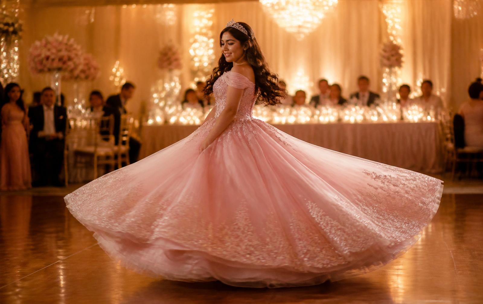 Quinceañera con vestido rosa celebrando su gran noche — canciones personalizadas para XV años, Lirika.